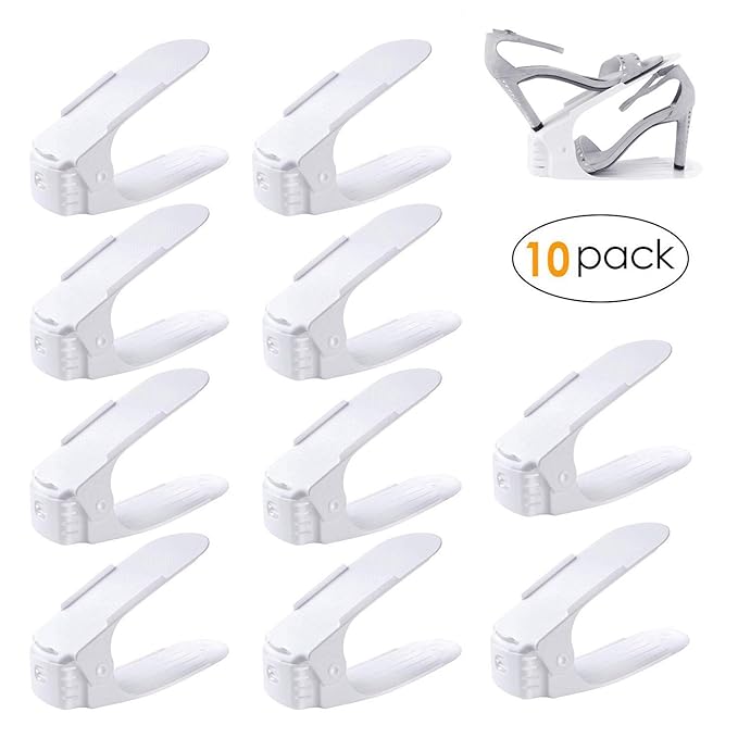 FEMOR Set de 10pcs de Organizadores Ajustables de Zapatos con Ranuras Soportes de Calzado Apilador para Zapatos Ahorro de Espacio Color Blanco