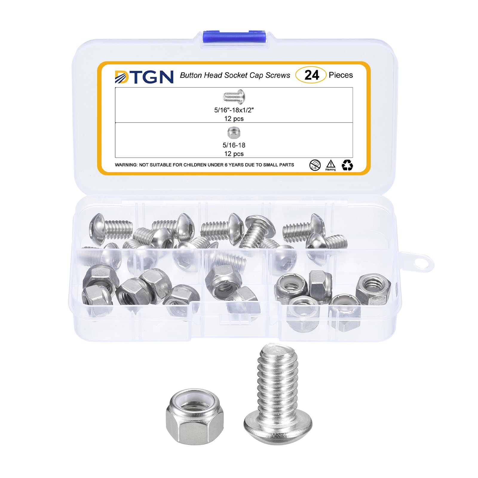 DTGN 24Pcs 5/16-18x1/2" Button Head Socket Cap Screws - 304 Stainless Steel Bolt Nut Set Washer Assortment Kit - Good for Road Bicycle, Mountain Bike, Auto