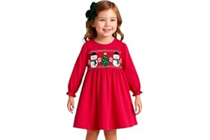 HILEELANG Toddler Girls Christmas Cotton Dress, Long Sleeve Reindeer Applique Holiday Outfit 2-7 Years