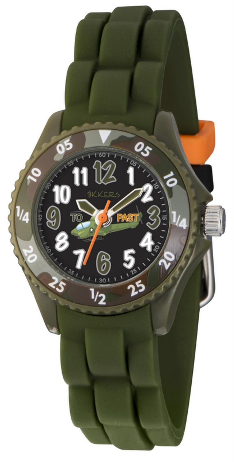 Tikkers Boy's Camouflage Helicopter Design Olive Green Rubber Silicone Strap Time Teaching Watch - NTK0010