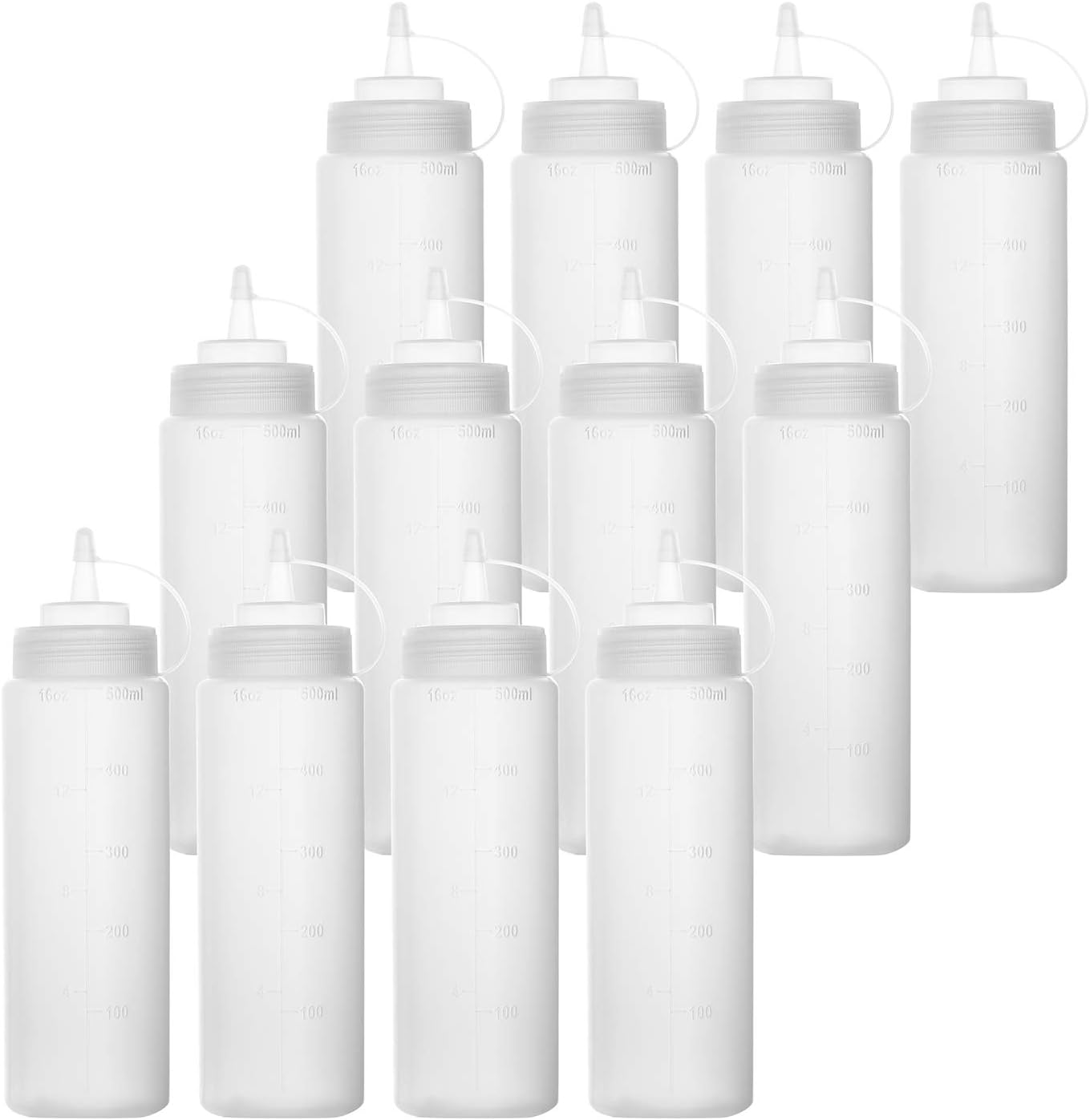 Bekith 12 pack 16 Oz Plastic Squeeze Condiment Bottles with Twist On Cap Lids and Discrete Measurements, Wide Mouth Empty Squirt Bottle For Sauce, Ketchup, BBQ, Dressing, Paint, Pancake Art Dispenser