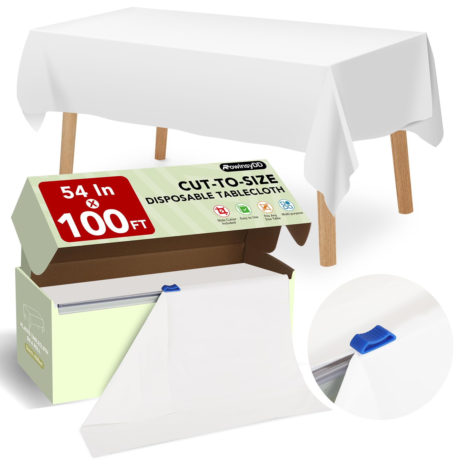 Photo 1 of 54 IN X 100 FT White Plastic Table Cover Roll with Slide Cutter, Cuts Up to 12 Rectangle 8 Feet Disposable Plastic Table Cloths, Disposable Table Cover Roll for Dinning, Parties, BBQ, Wedding, Outdoor