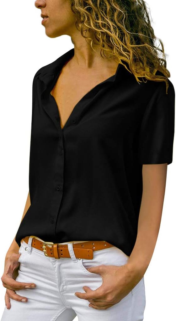 Women Blouses Short Sleeve Chiffon Causal Solid Fashion Plus Size Button Tshirt Sale Slim Fit Cool Summer Elegant Tops
