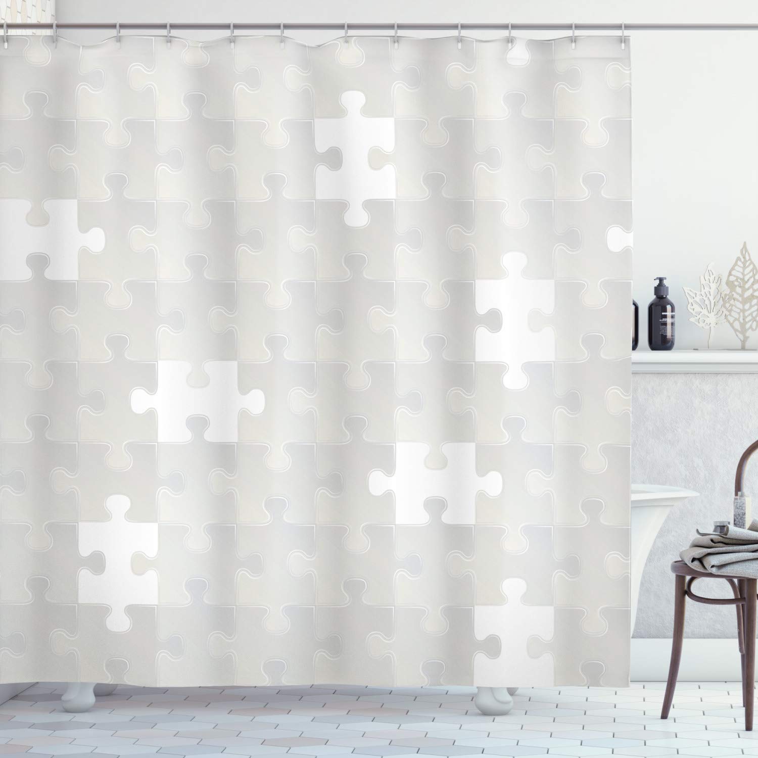 ABAKUHAUS Grey Shower Curtain, Abstract Puzzle Patterns in Simple Background Shabby Mosaic Ornament Idea Kids Children, Cloth Fabric Bathroom Decor Set with Hooks, 78 Inches, Grey