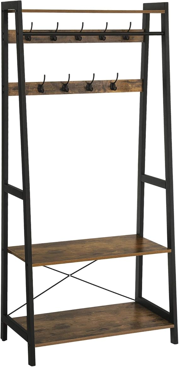 VASAGLE Coat Rack Stand, Wardrobe Garment Rack with 2 Storage Shelves