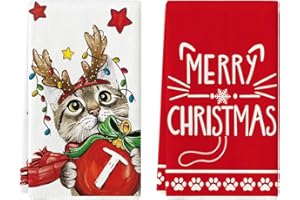 Artoid Mode Monogram Letter T Cat Bell Merry Christmas Kitchen Towels Dish Towels, 18x26 Inch Seasonal Winter Decoration Hand Towels Set of 2