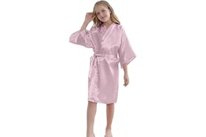 MORFORU Girls Kids Solid Color Silky Satin Kimono Robe for Wedding Spa Party, Short
