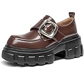 BEAU TODAY Platform Leather Loafers for Women, Chunky Lug Sole Loafers Women, Comfortable Slip-on Business Casual Non-Slip Round Toe Office Ladies Dress Shoes