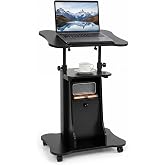 GIANTEX Mobile Podium Stand, Sit-to-Stand Laptop Cart (Black, 1 Pack) | Tilting Tabletop &amp; Storage Cabinet, Lockable Casters, Height-adjustable Rolling Lectern for Classroom, Church, Home Office