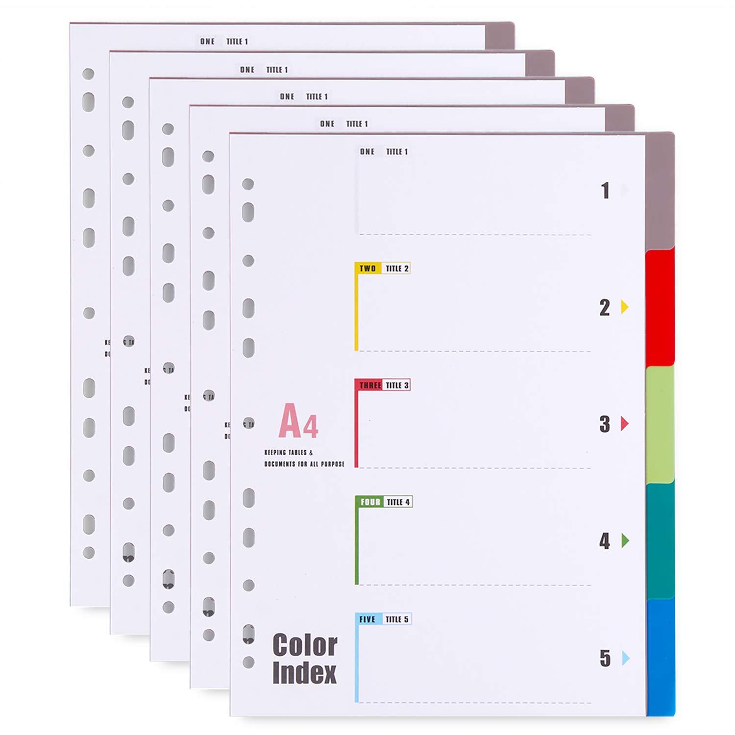 A4 File Dividers 5 Part Plastic Filing Subject Dividers (5 Pack) Multi-Colour Index Tabs with Multi Hole Punched & Content List for School Office Home