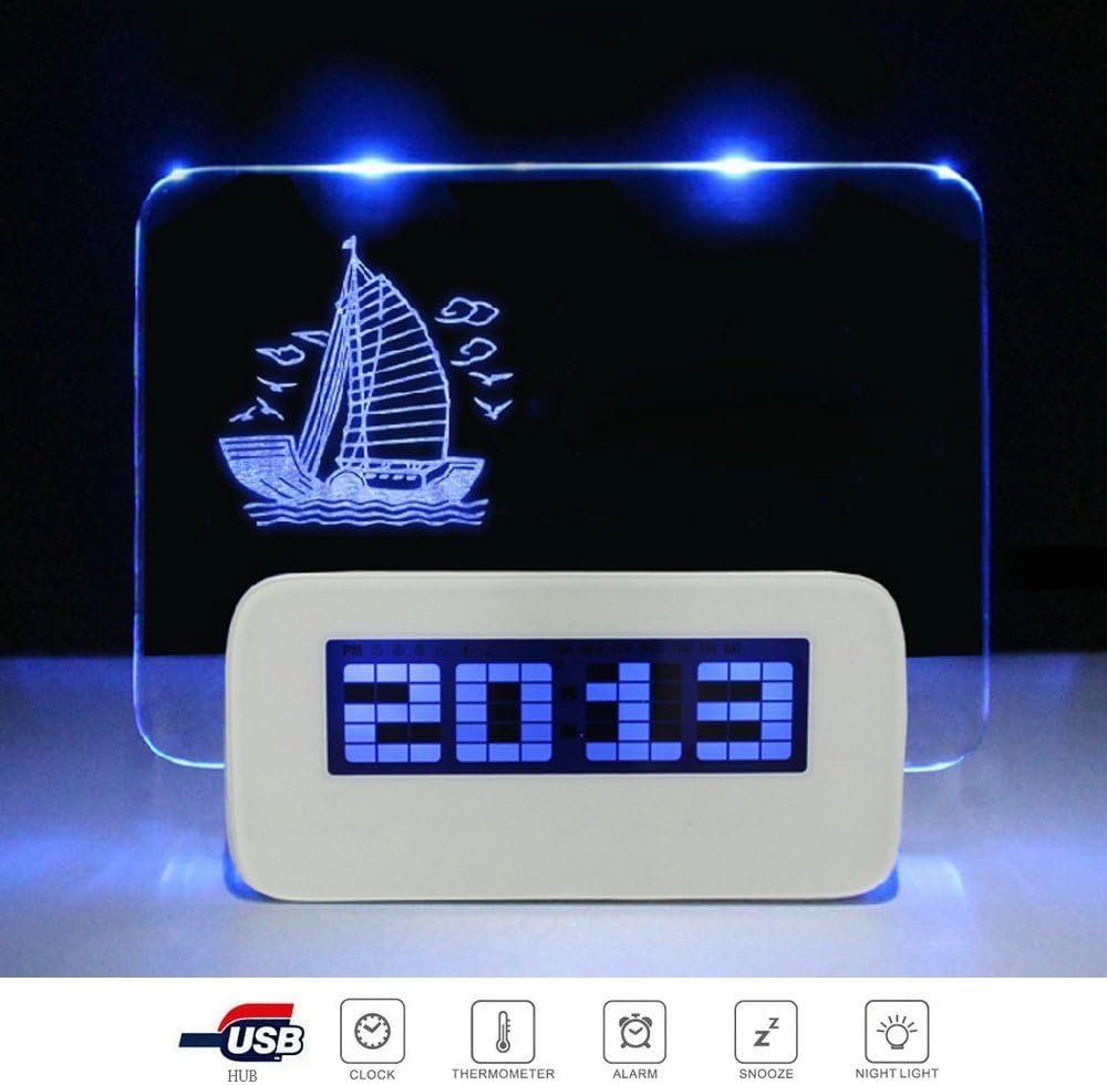 LED Digital Alarm Clock LCD Display 4 USB Port Hub Charger Message Memo Board Backlight with Highlighter Blue