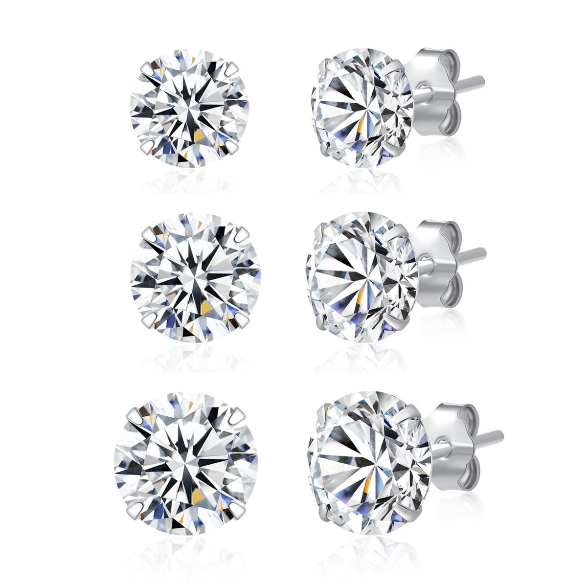 3 Pairs 925 Sterling Silver CZ Stud Earrings Set 5mm 6mm 7mm Cubic Zirconia Stud Earrings Men Women