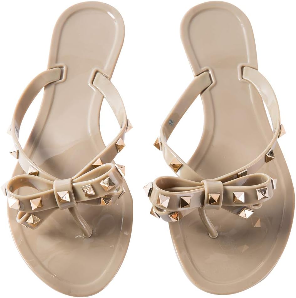 Women Stud Bow Flip-Flops Sandals Beach Flat Rivets Rain Jelly Shoes (Dark Nude, Numeric_9)