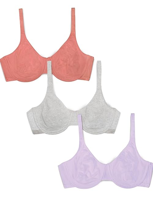 Fruit of the Loom Womens Cotton Stretch Extreme Comfort Full Coverage Bra, Desert Dusk/Grey/Lilac Whisper, 36DD US