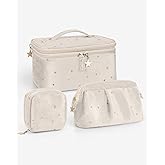 Wedama Makeup Bag, Double-layer Cosmetic Bag with Jewelry Storage and Brush Holders 3 Pcs Velvet Makeup Bag Set Travel Makeup Organizer Bags Portable Cosmetic Case Toiletry Bag for Women Girls, Beige
