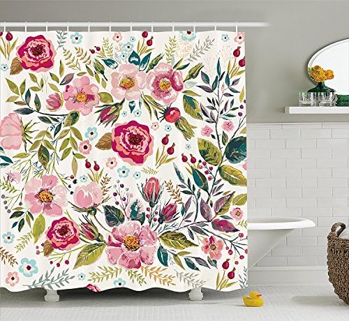 Rose Gold Shower Curtain, Floral Shower Curtain, Life Shabby Chic Flowers Roses Pedals Dots Leaves Buds Spring Season Shower Curtain