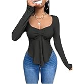 WDIRARA Women's Sweetheart Neck Ruffle T Shirts Long Sleeve Ruched Asymmetrical Peplum Tops
