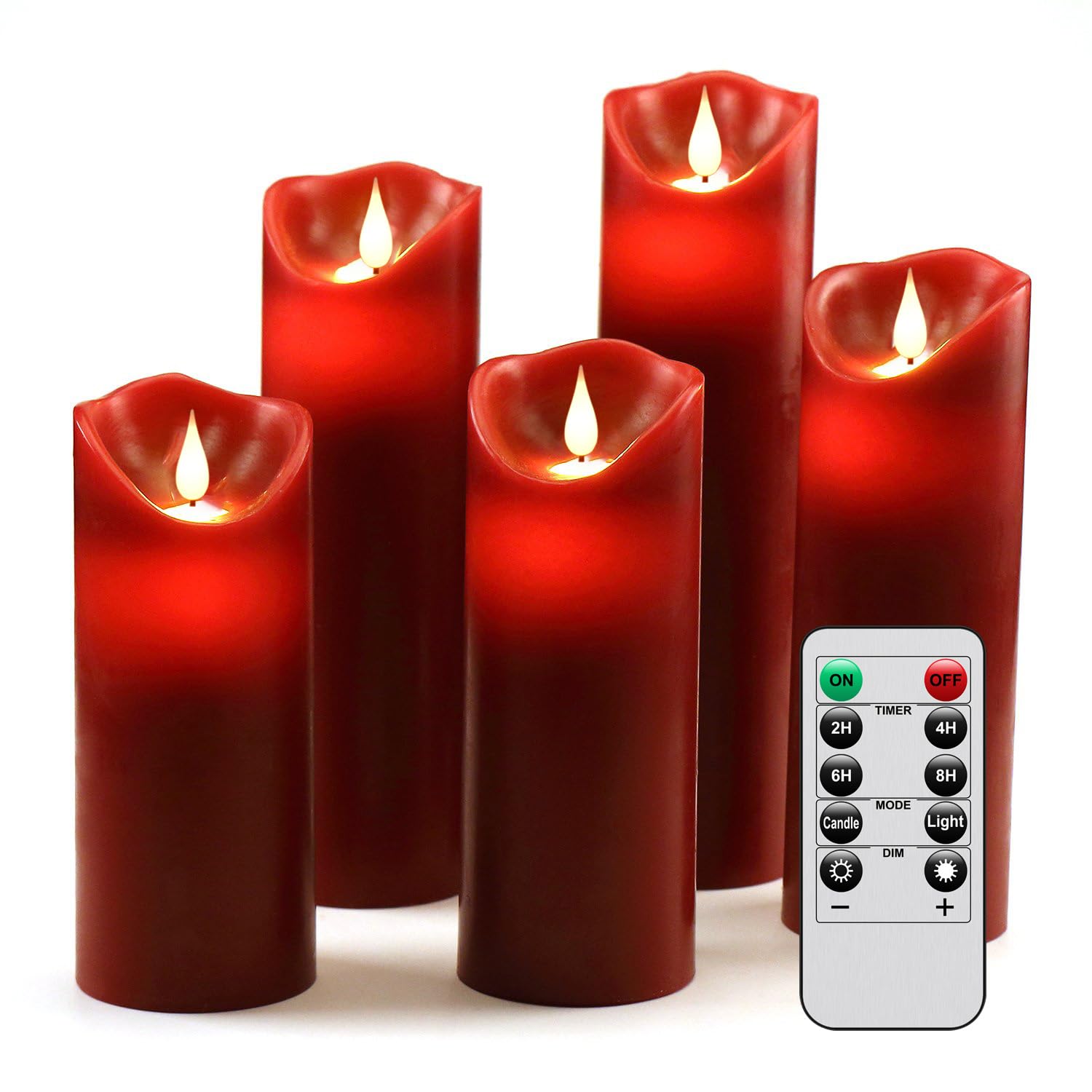HANZIM LED Candles,Flameless Candles 5"6"7"8"9" Set of 5 Real Wax Battery Candle Pillars, Realistic Dancing Mood Candles and 10 Key Remote Control with 24 Hour Timer Function (Burgundy)