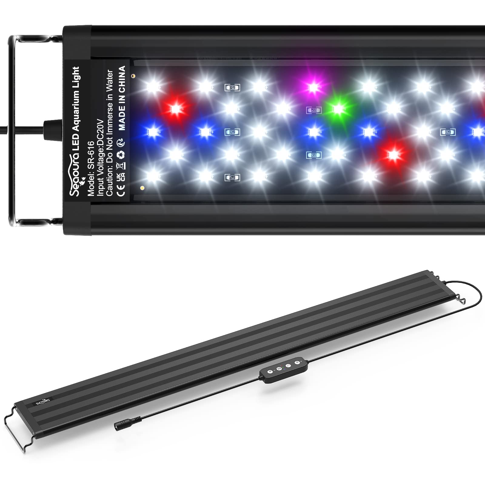 SEAOURA Led Aquarium Light for Plants-Full Spectrum Fish Tank Light with Timer Auto On/Off, Adjustable Brightness, White Blue Red Green Pink LEDs with Extendable Brackets for Freshwater (77-90cm)