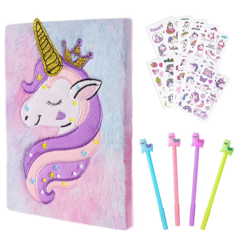 OFFCUP Plush Secret Diary, Plush Crown Unicorn Notebook, Plush Girl Notebook Alpaca Plush Notebook Crown Unicorn Journal Plush Mermaid Notebook with with 10 Tattoo Stickers and 4 Gel Pens