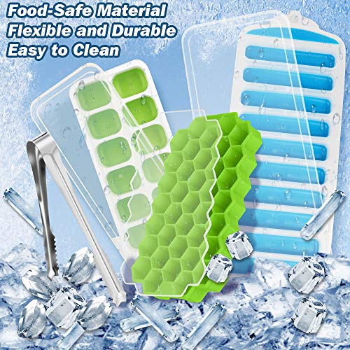 Ice Cube Tray with Lid & Mini Ice Tongs, BPA Free Ice Tray, Patinao Flexible 3 Pack Reusable Silicone Ice Trays for Freezer, Bottle Ice Stick Maker Mold with Covers, Ideal for DIY, Whiskey & Cocktails