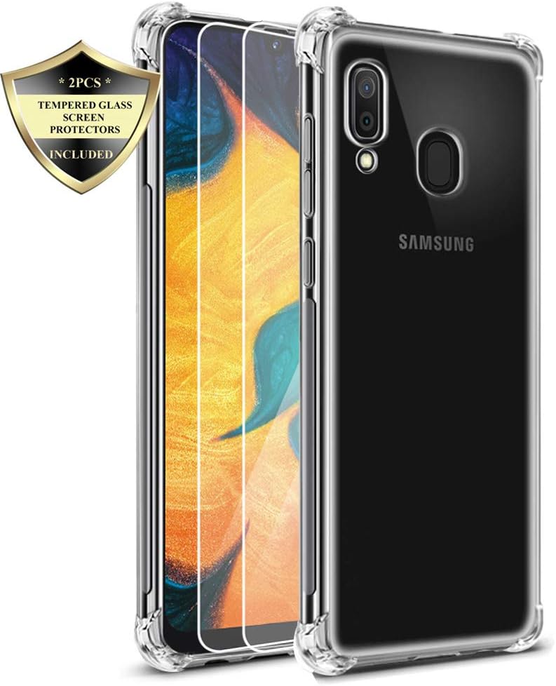 Galaxy A30/ A20 Case, Androgate Clear Transparent Slim Soft TPU Shock-Absorption Cover Bumper Case and 2 PCs Tempered Screen Protectors for Samsung Galaxy A30/ A20