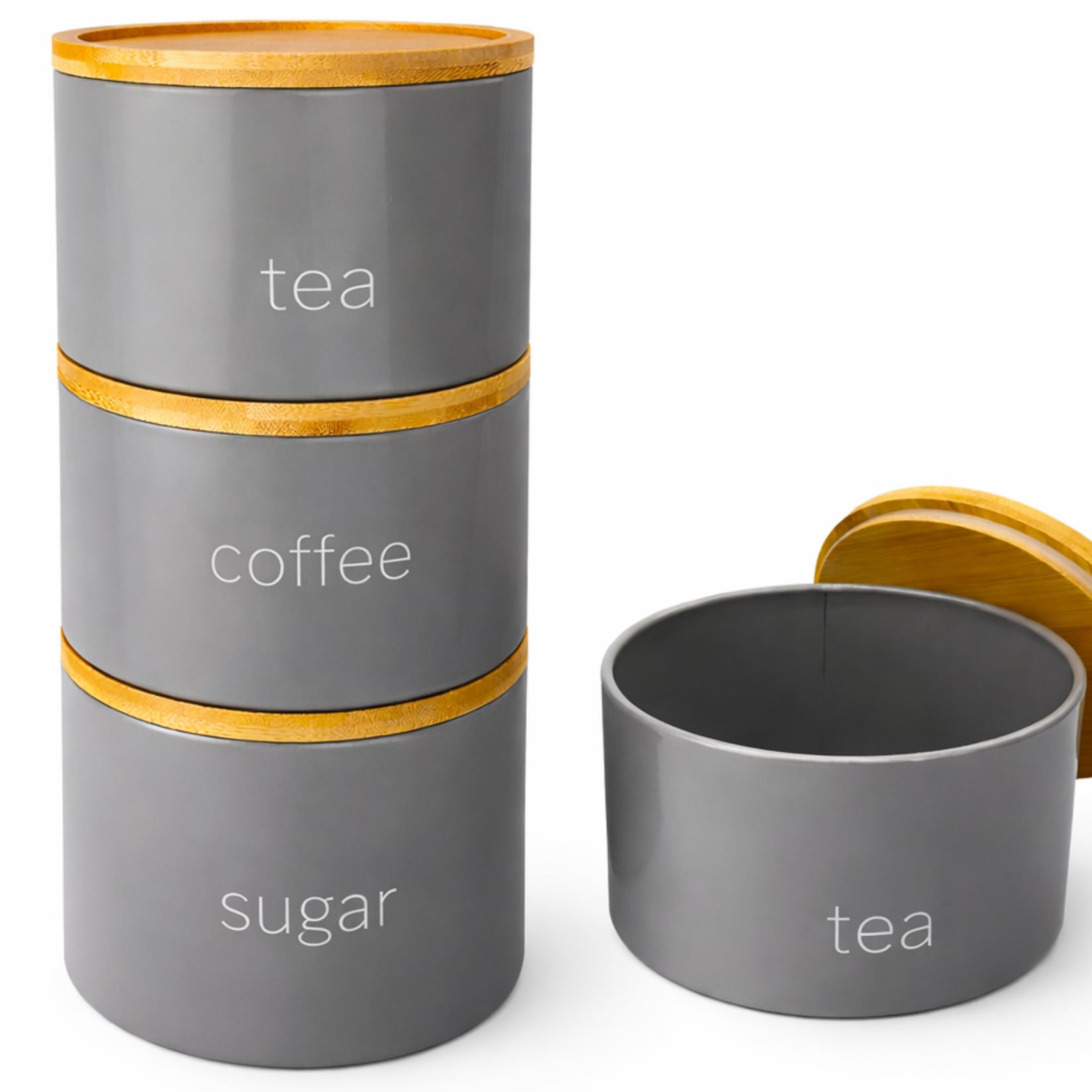 SAFRI 3 Pieces Jar with Wooden Lid Tea Coffee Sugar Canister Storage Container Bowl Pots Kitchen Storage Tins (Grey)