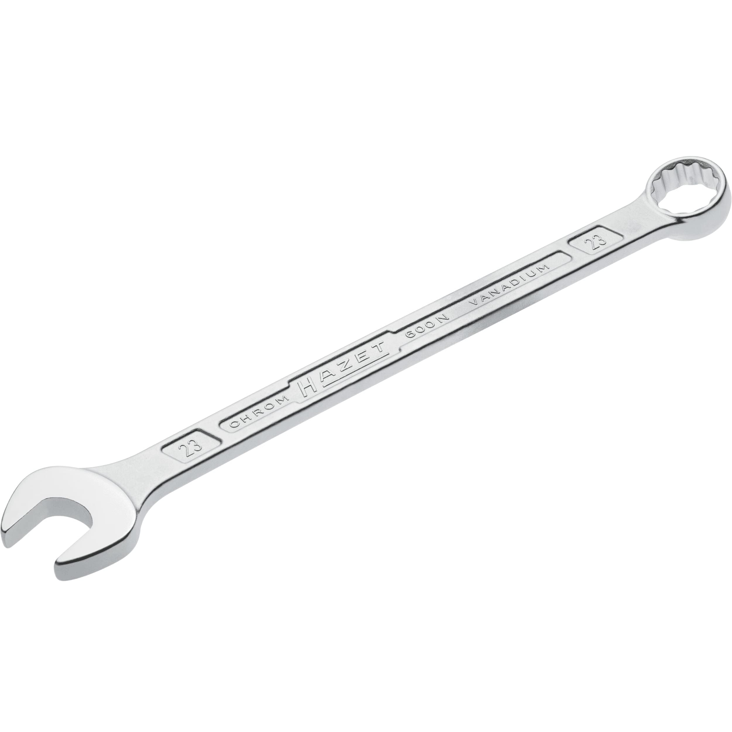 HAZET: Chiave combinata 600N-23 cromata, Testa della chiave combinata angolata a 15 gradi Uscita: doppio esagono esterno, larghezza della chiave: 23 mm, albero con profilo a doppia T extra robusto