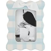 Mud Pie Blue Bow Picture Frame for 4 x 6 Photo, Gingham Ceramic Baby Frame | Hand Painted Light Blue Gingham Ceramic Vertical Photo Frame with Scalloped Edge, White Ribbon Bow and Easel Back, 7 x 7 Inch