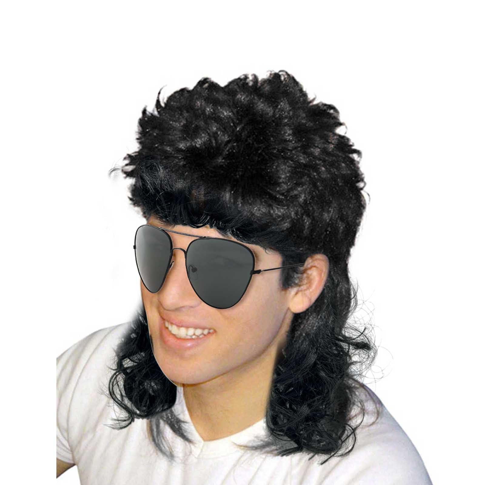 XNIVUIS Mens Wig - 80s Long Curly Mullet Wig, Black Rocker Punk, Halloween Cosplay Party (2 Pcs)