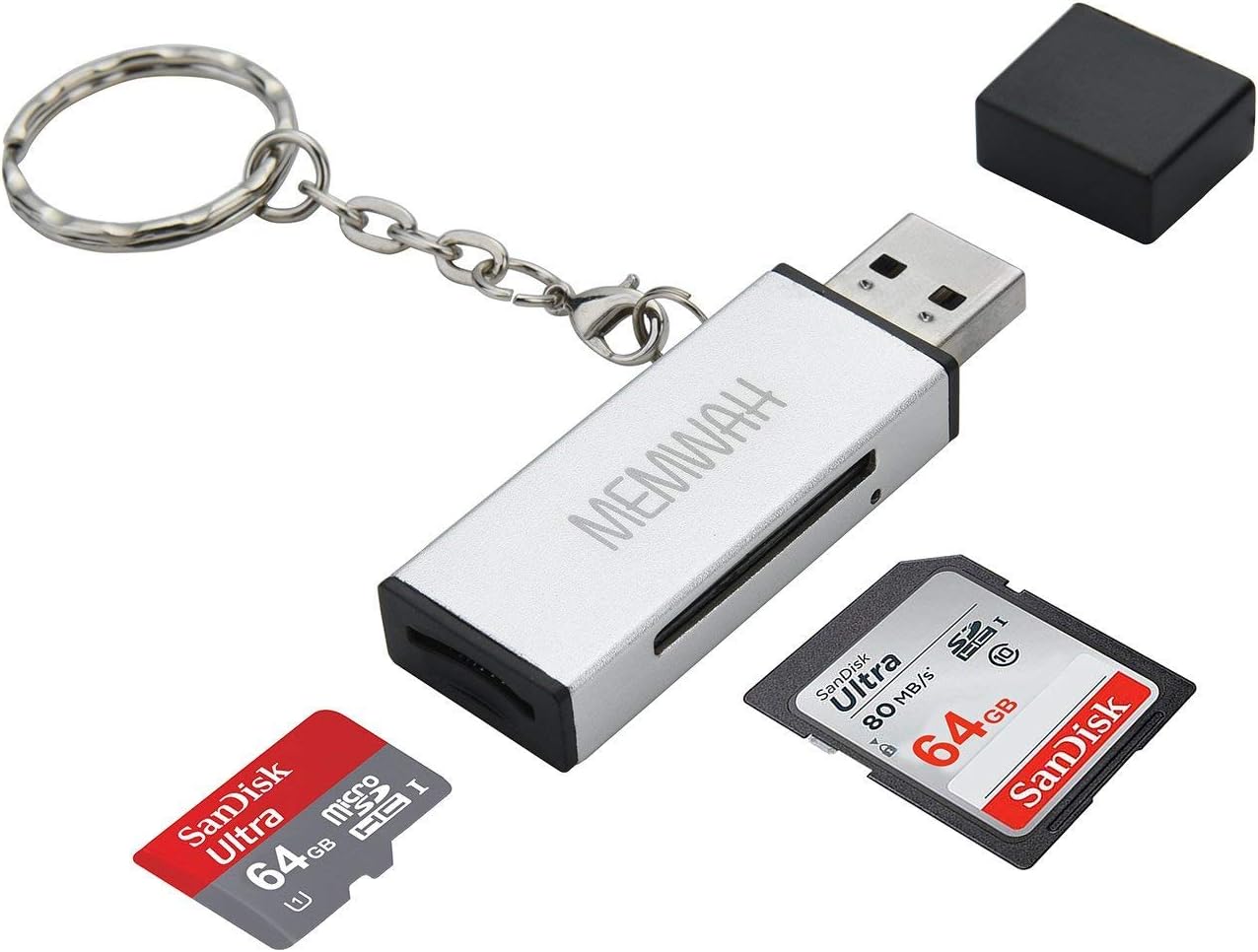 Memwah Silver Metal USB 3.0 Super Fast 2 in1 Reader / Writer for Micro SD / Micro SDHC/ Micro SDXC & SD / SDHC / SDXC up to 256GB with Keyring Holder