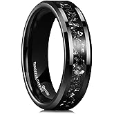 King Will Mens Meteorite Tungsten Wedding Bands, 6mm/8mm Width, Black/Silver Engagement Rings for Couples, Beveled Edge Promise Ring for Women Comfort Fit