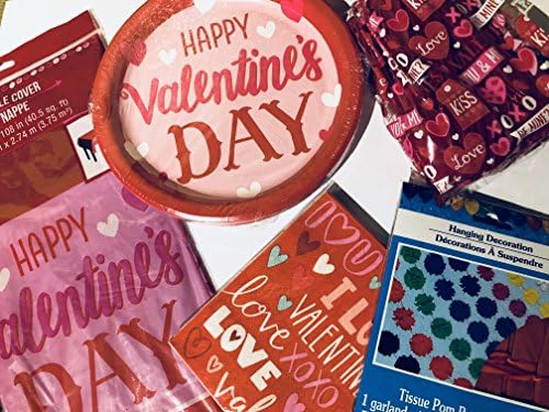 Valentine's Day Party Pack for 16: Includes plates napkins tablecloth utensils pom pom garland decorations for classroom or home
