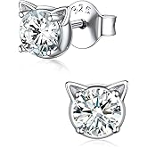 ChicSilver Cute Cat Earrings for Women - Hypoallergenic Sterling Silver Round Birthstone Cat Stud Earrings with Gift Box