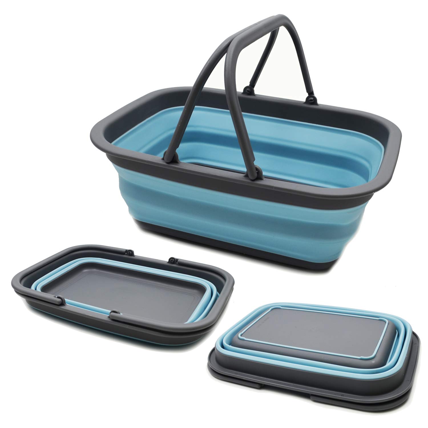SAMMART 9.2L Collapsible Tub with Handle - Portable Outdoor Picnic Basket/Crater - Foldable Shopping Bag - Space Saving Storage Container (Grey/Sea Angel, 1)