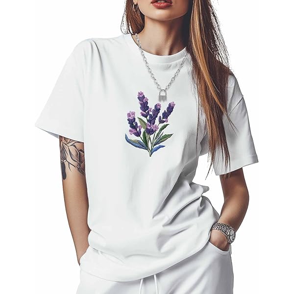 Womens Tops T Shirts Lavender Purple Plant Embroidery Style