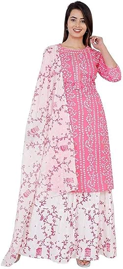 MSM Designer Latest Rayon Bandhej Kurti and Skirt Stitched with Malmal Dupatta Gotta Work || Women's Rayon Bandhej Kurti with Floral Print Skirt & Duptta Set