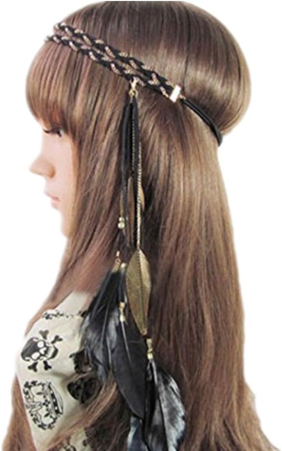 Black Hair Band Indian Peacock Feather Pendant Headband Golden Leaves Rope Knitted Belt Elastic Hairband Tassels Weave Headdress