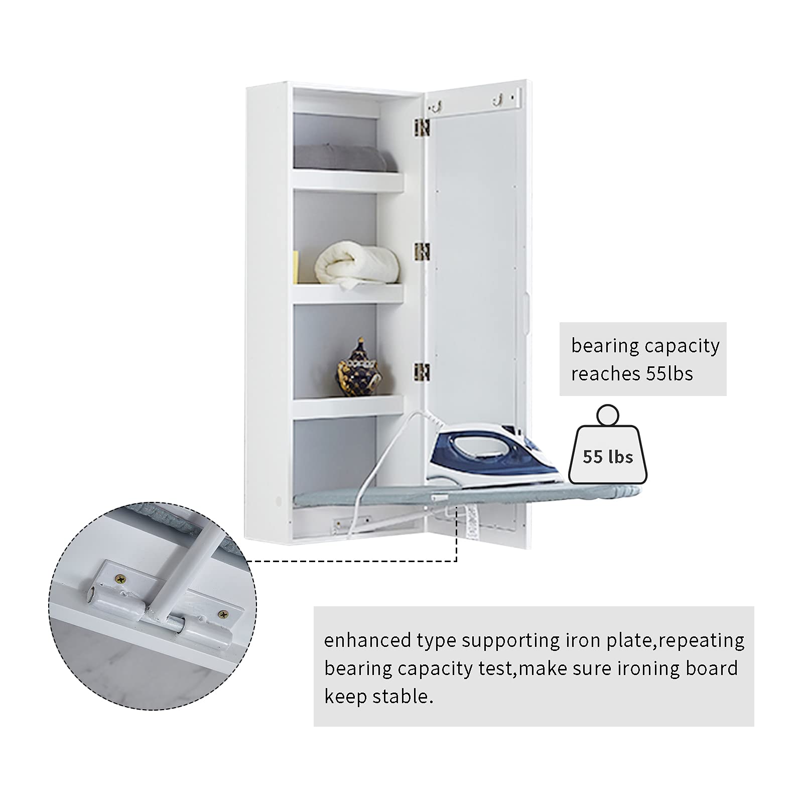 Facilehome Wall Mounted Ironing Board Cabinet, Built in Foldable Ironing Board Closet with Storage, Mirror Door, White