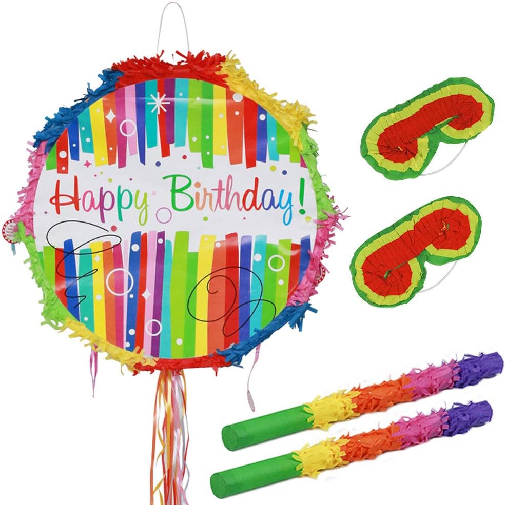 Homevibes Birthday Rainbow Pinata - Cartoon Shaped Pinatas Kids Birthday Party Supplies for Comic Themed Party with 2 Sets of Eye Masks and Sticks