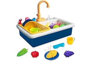 AOMOLA Kids Play Kitchen Sink Toy Set, Children's Toy Set Accessories with Real Faucets Running Water, Pots and Pans, Fruit and Vegetable Cutting Game, Birthday Gift for Toddlers Boys Girls