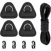 LOOEEL 4 Pack Stainless Steel D-Ring Triangle Patch with 2.5m Black Bungee Cord,4Pcs Cord Hooks for PVC Inflatable Boat SUP Kayak Canoe Deck Accessories-Black