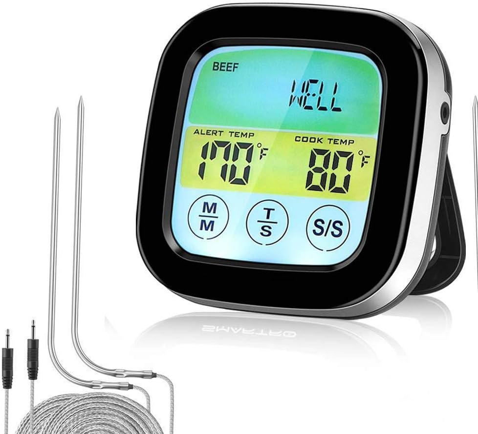 Wireless BBQ Thermometer for Grilling,Digital Meat Thermometer with Dual Probes, Timer, Alarm, Cooking Smoker Thermometer for Kitchen, Oven, Food with 2 Probes and Timer