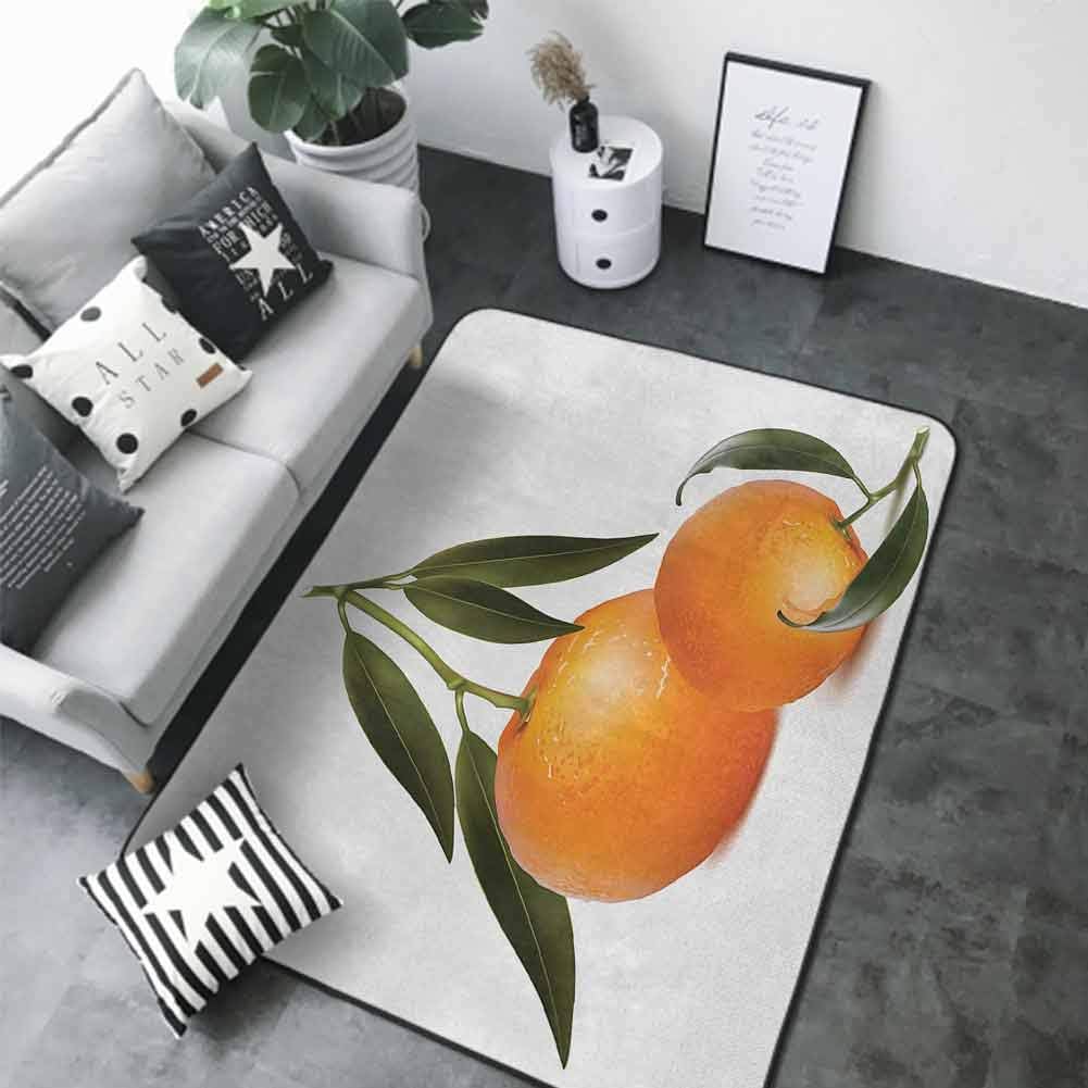 Floor Mat Kitchen Long Carpet Green and Orange,Fresh Tangerine with Green Leaves Citrus Fruit Themed Illustration,Orange Olive Green 80 x 58 in Best Floor mats