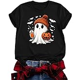 YOFIBRANT Halloween Shirts for Women Funny Ghost Shirt Short Sleeve Scoop Neck Casual Fall Scrub Tops