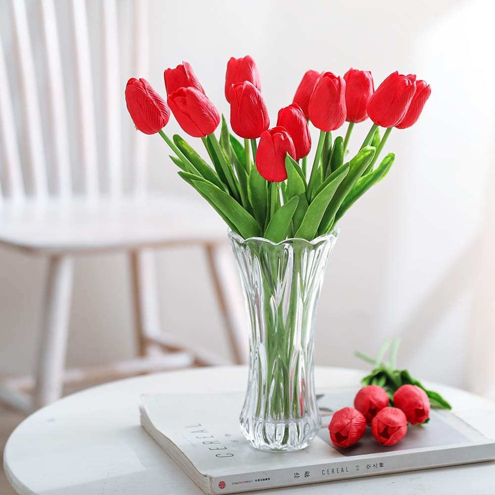 Kisflower 30Pcs Artificial Latex Tulip Flowers Fake Tulips Bouquet Real Touch Flowers for Decor (Red)