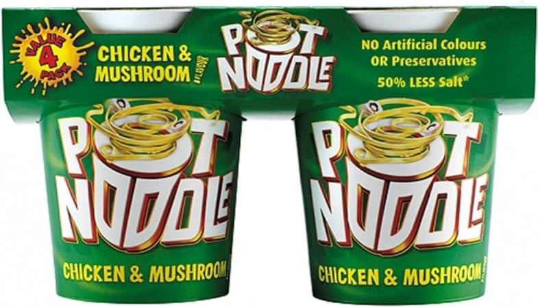 Amazon Pot Noodle Chicken Mushroom Flavour 4x90g ポットヌードルチキンとマッシュルームの風味 4x90g Pot Noodle 介護用主食
