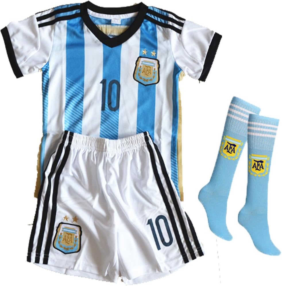 Wild Bunch 2014 FWC Argentina Home Messi #10 Soccer Football Jersey Sportswear Team Polo Shirt & Short & Sock for 3-14 Years Kids (7-8 YEARS)