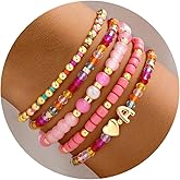 Turandoss 5PCS Initial Heart Bracelets for Teen Girls Kids - 14K Gold Plated Dainty Beaded Bracelet Set Stack, Stretch Colorful Letter Charm Bracelets Beads Ball for Daughter Her Jewelry Gifts