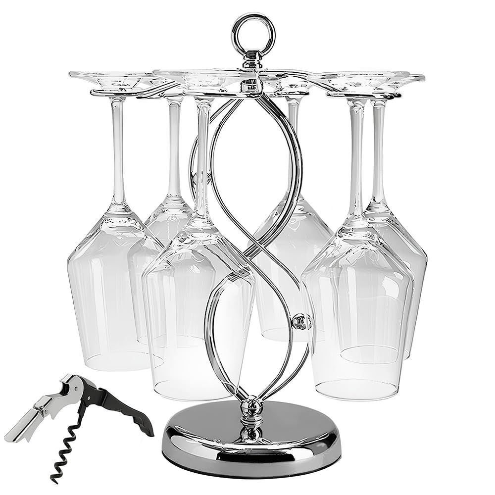 CXRYLZ Wine Glass Holder with Bottle Openers, Glasses Drying Rack and 1pcs Corkscrews, Elegant Silver Hanging Stand 6 Hooks Cup Storage Organiser for Kitchen Bar